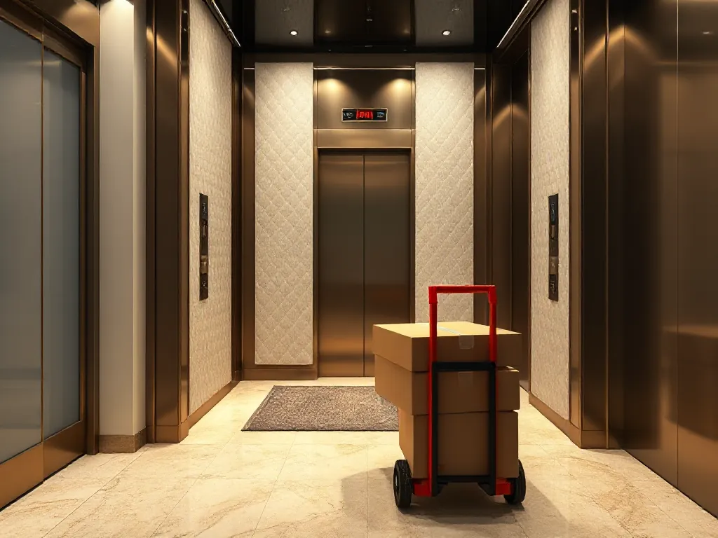 Elevator lobby with protective pads on the walls and boxes on a hand truck