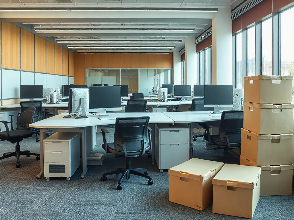 Open-plan office with packed archive boxes during a move