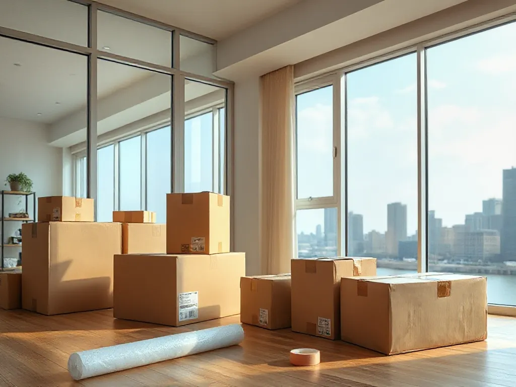 Moving boxes and a roll of bubble wrap in an apartment with large windows