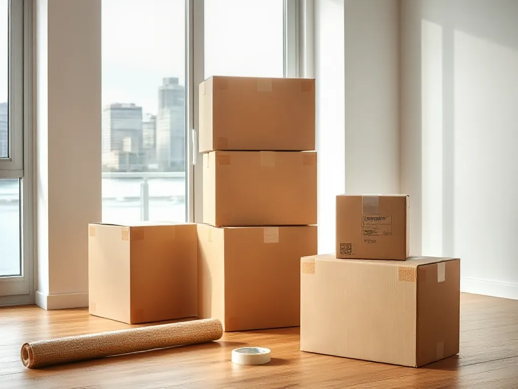 Sealed moving boxes, tape and bubble wrap in a bright apartment with a river view