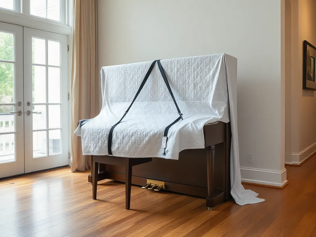 Upright piano covered with a quilted moving blanket and straps