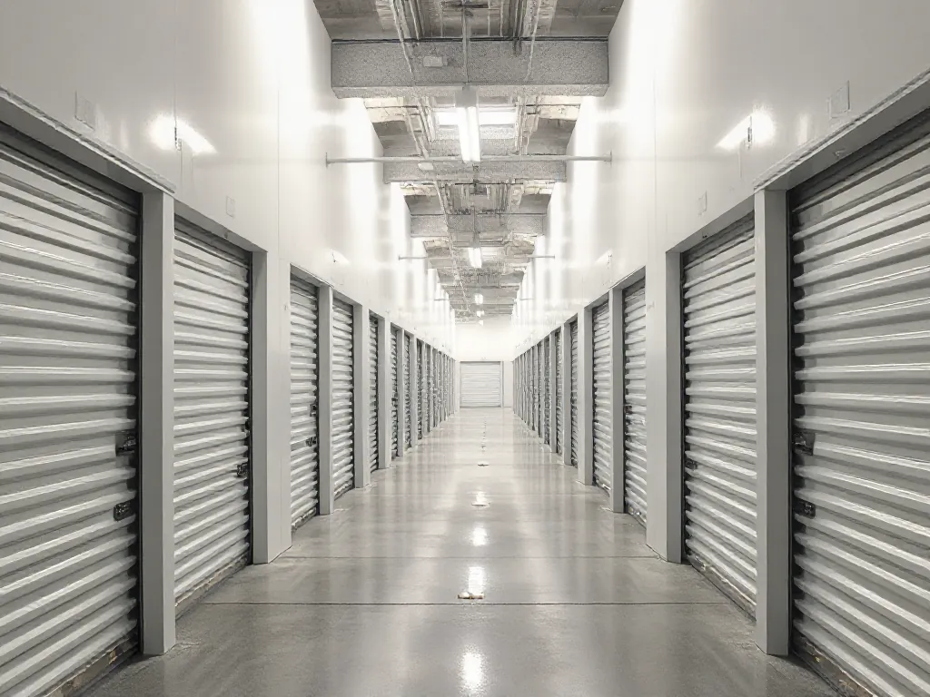Clean indoor self-storage corridor with roll-up unit doors