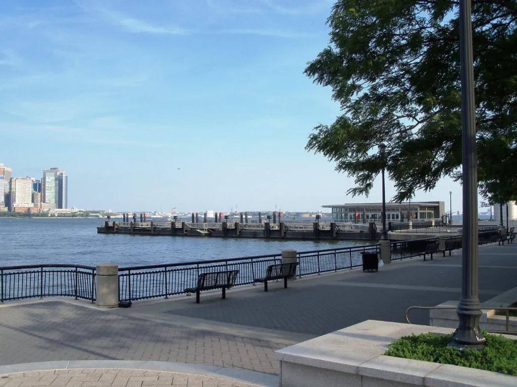 The Hudson River walkway in Jersey City, with Lower Manhattan across the river