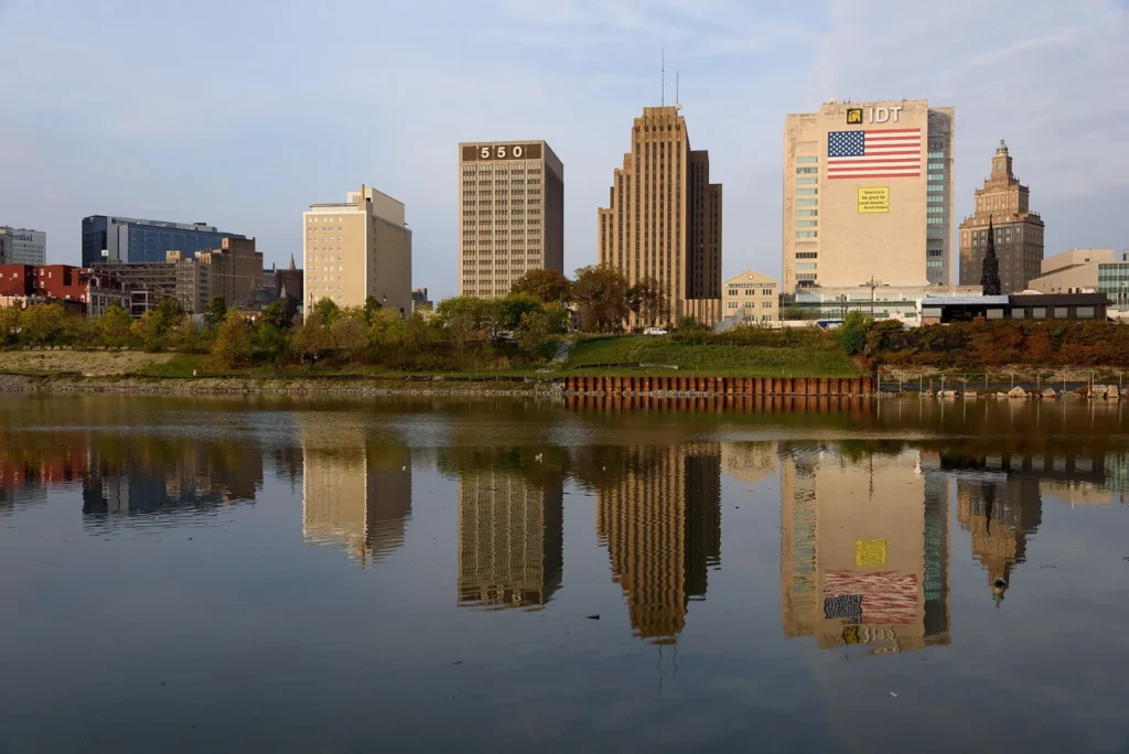 The downtown Newark, New Jersey skyline across the Passaic River