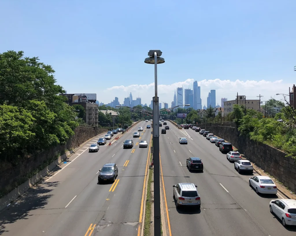 Route 495 in Union City, New Jersey, leading to the Lincoln Tunnel, with the Midtown Manhattan skyline ahead